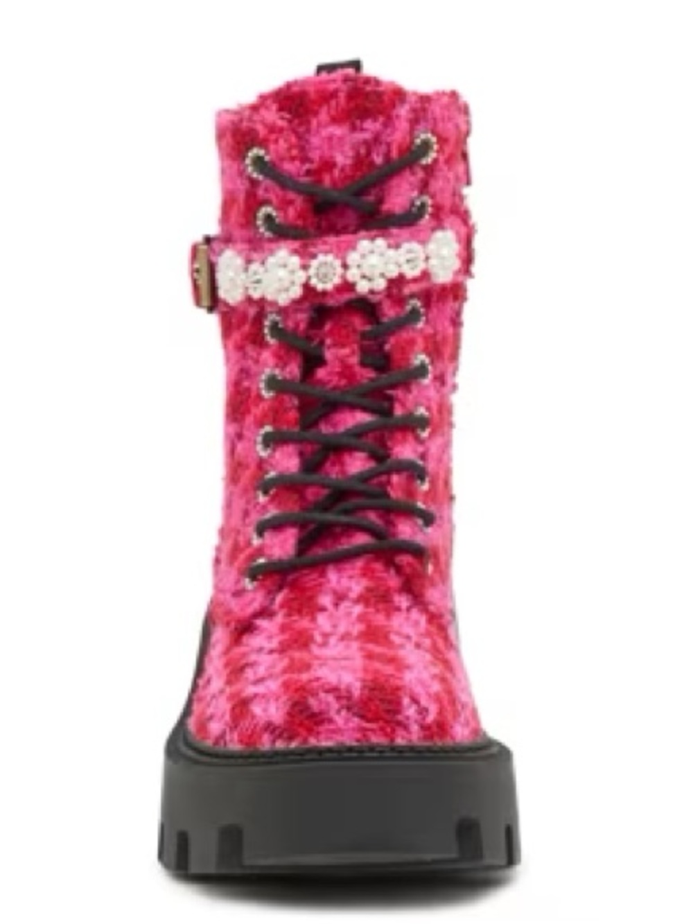 Kids Pink Faux-Fur Lace-Up Combat Boot with Pearl Strap